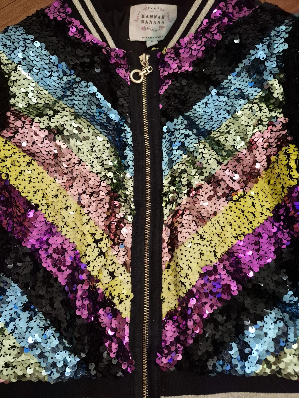 Hannah Banana Black Sequined Bomber Jacket Chevron Sequins Furry Sleeves